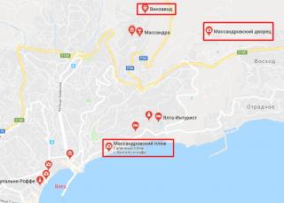 Карта достопримечательностей Массандры. Крым