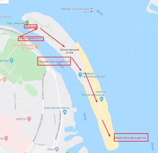 Карта Комсомольского острова в Днепре. Украина